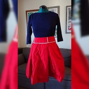 eShakti red poplin pleated skirt with white piping